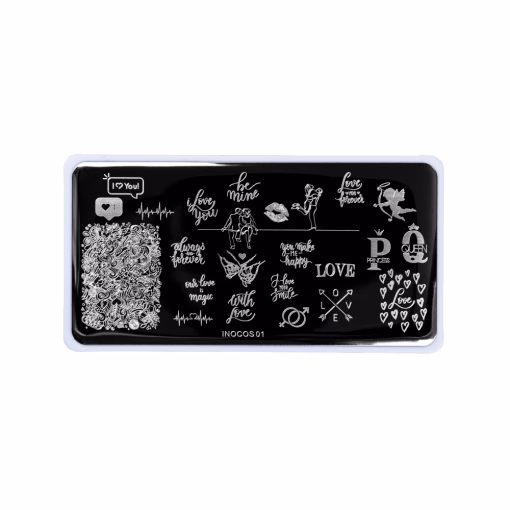A Placa de Carimbo para Unhas Nº1 Love é uma placa em aço inoxidável com gravuras de padrões diversos para técnica Nail Art Stamping. Neste caso, as figuras são dentro da temática "amor".
