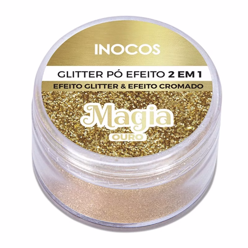 Apresentamos-te o Glitter Pó Efeito 2 em 1 INOCOS Magia Ouro. Efeito Cromado/Espelho E Glitter.