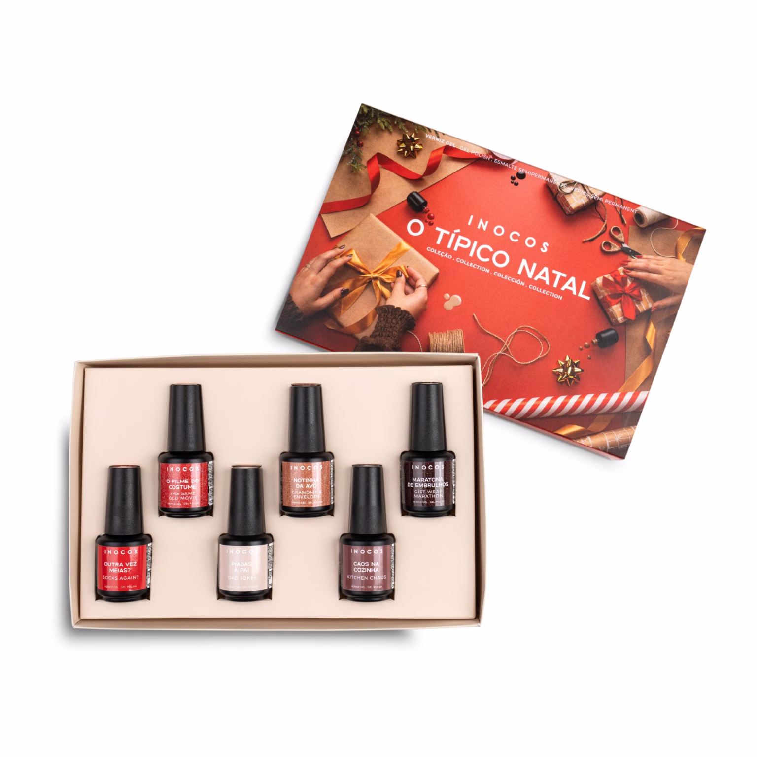 Deixa-te impressionar com a Coleção O Típico Natal! A Box INOCOS inclui 6 cores de Verniz Gel, para que possas escolher, sem filtros, quem tu queres ser.