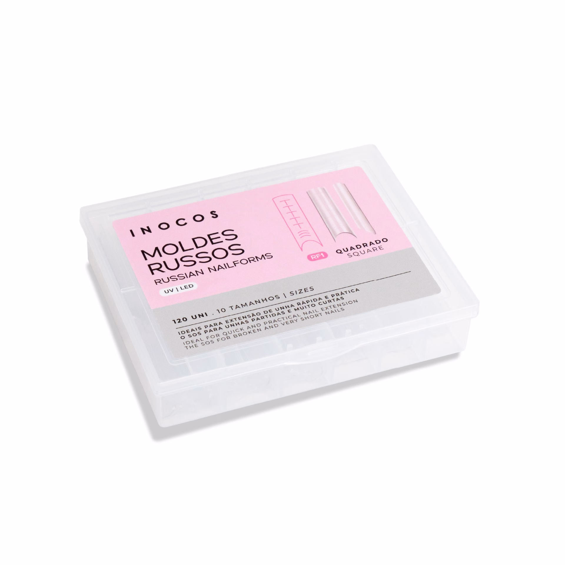 Apresentamos-te os Moldes Russos INOCOS - RF1 Quadrados. Principais Caracteristicas: Material resistente e flexível. Disponível em vários tamanhos. Adesão segura à unha natural. Compatível com Gel, Acrílico e Polyacrygel. Reutilizáveis. Permitem a extensão da unha com maior precisão. Reduzem o tempo de limagem após a construção. Modo de uso: Preparar a unha Aplicar a base, com uma camada fina e esticada Selecionar o tamanho do Molde Russo adequado para a unha Com a ajuda do Pincel Gel Precision, aplicar o Gel no Molde Colocar o Molde sobre a unha e catalisar 10 segundos na Lâmpada Open Flex Catalisar por 30 segundos Retirar o Molde com cuidado e, com a ajuda da Broca Cónica Estreita Nº14, remover o excesso de produto que fica na terminação do Molde junto à unha Aplicar uma camada fina de Gel de Construção, sem catalisar, para servir de base Fazer a construção da unha com a ajuda do Gel de Contrução, e catalisar por 60 segundos Aperfeiçoar o formato com uma lima Remover o excesso de produto junto da cutícula e por baixo do bordo livre, com a Broca Cónica Estreita Nº14 Passar o Buffer por toda a unha Finalizar com o Top Coat e catalisar por 60 segundos