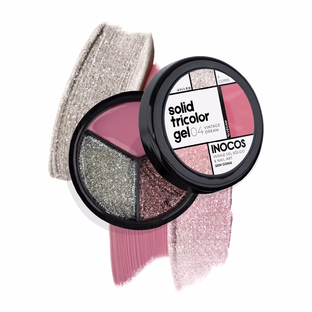 Trios de Verniz Gel Sólido de longa duração Apresentamos-te o Solid Tricolor Gel 04 Vintage Dream, um verniz gel sólido com textura cremosa de aplicação fácil, rápida e eficaz. Descobre os tons pigmentados de longa duração e aplica nas 5 unhas de uma vez. Cores Rosa Malva, Glitter Rosa Ouro e Glitter Champanhe. Detalhes: Produto Vegan Quantidade: 15g (3x5g)