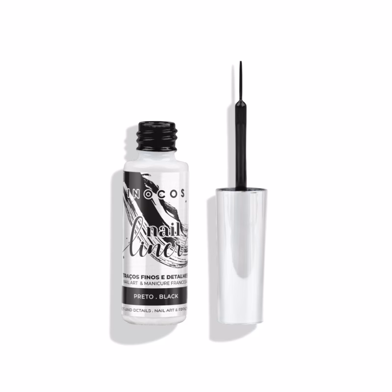 Nail Liner com pincel para traços finos REF. 88.02.002 Descobre o Nail Liner INOCOS Preto com goma. São perfeitos para nail art como traços finos com a máxima precisão e para manicure francesa. Detalhes: Verniz Gel Vegan & Cruelty Free Quantidade: 8ml Modo de uso: Criar a nail art pretendida e catalisar em Lâmpada UV (160s) ou LED (60s). Finalizar com Top Coat.