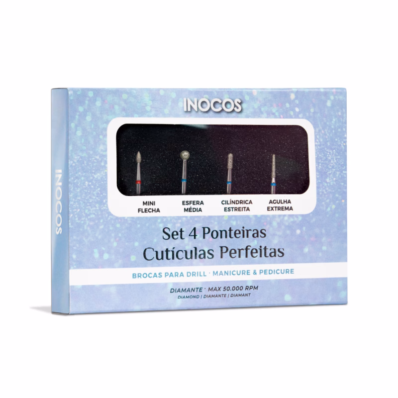 INOCOS - SET 4 BROCAS CUTÍCULAS PERFEITAS Set de 4 Ponteiras para Cutículas Perfeitas que inclui: - Broca Mini Flecha com grão fino 2mm X 5mm - Empurra e levanta cutículas em zonas difíceis. - Broca Esfera Média com grão médio 4mm - Remove cutículas levantadas sem usar alicate ou tesoura. - Broca Cilíndrica Estreita com grão médio 2mm X 6mm - Suaviza cutículas grossas e roídas. Prepara a unha natural e aperfeiçoa a curvatura "C". - Broca Agulha Extrema com grão médio 1,5mm X 10mm - Para manicure russa extrema. Limpa eponíquio e cutículas em zonas difíceis.