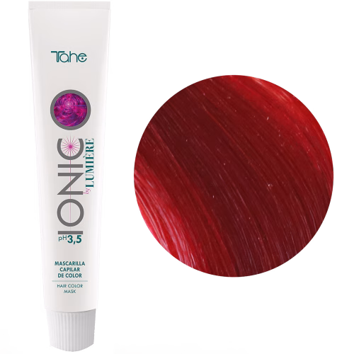 TAHE - IONIC MÁSCARA COR VERMELHA 100ML Tahe Ionic Máscara capilar com cor, de pH ácido, que potencia a ação das cores de oxidação, atuando em sinergia com as mesmas.  Produto altamente nutriente e hidratante.  MODO DE APLICAÇÃO: Escolher a cor IONIC desejada. Utilizar luvas. Aplicar sobre o cabelo limpo e húmido da raiz às pontas. Não tocar no couro cabeludo (especialmente quando se trata de tons intensos). Distribuir com um pente. Tempo de pose: 10 minutos. Enxaguar com água tépida. Lavar com Champô. Com IONIC Transparente, Louro Pérola e Louro Areia, não é necessário aplicar champô. Basta somente enxaguar abundantemente com água.