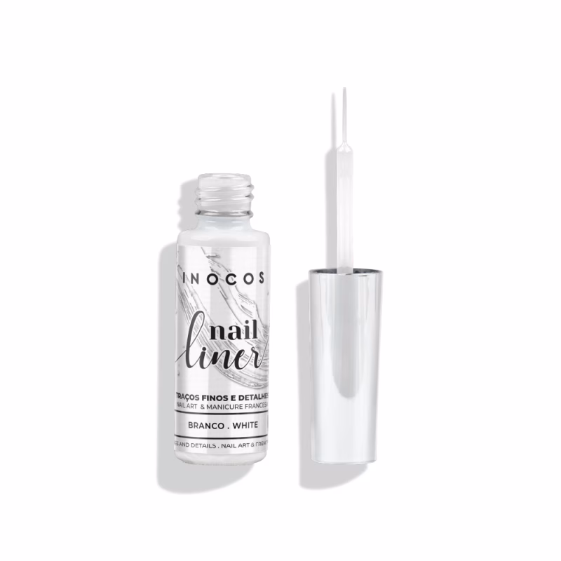 Nail Liner com pincel para traços finos REF. 88.02.001 Descobre o Nail Liner INOCOS Branco com goma. São perfeitos para nail art como traços finos com a máxima precisão e para manicure francesa. Detalhes: Verniz Gel Vegan & Cruelty Free Quantidade: 8ml Modo de uso: Criar a nail art pretendida e catalisar em Lâmpada UV (120s) ou LED (60s). Finalizar com Top Coat.