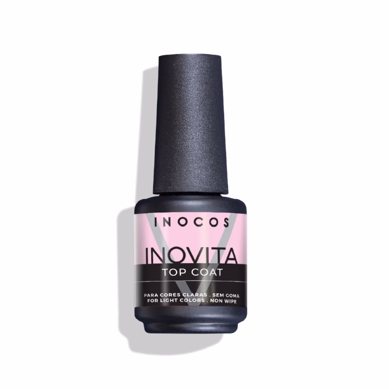 INOCOS - Top Coat INOVITA 15ML Top Coat INOVITA ideal para cores/bases claras. REF. 91.18.491 Top Coat INOVITA INOCOS O Top Coat INOVITA INOCOS é um finalizador de brilho intenso, com proteção UV e fórmula de viscosidade média, desenvolvido para proteger as cores, evitar o amarelecimento e proporcionar um acabamento resistente a riscos. Quantidade: 15 ml Modo de uso: Aplicar uma camada fina do INOVITA Top Coat sobre a cor finalizada. Catalisar em lâmpada LED ou UV conforme indicado. Garante um acabamento duradouro, polido e elegante. Especialmente recomendado para realçar tons claros e bases suaves, prolongando o efeito brilhante e sofisticado da aplicação.