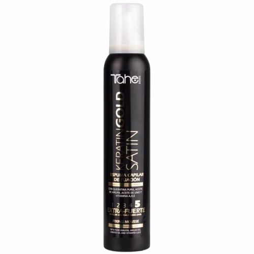 TAHE - B.A. GOLD ESPUMA SATIN FIXAÇÃO 5 200ML Cabelo seco ou danificado Ideal para dar corpo, volume e brilho à fibra capilar. Disciplina o cabelo encrespado, define o cabelo ondulado.  Agitar antes de usar. Sobre o cabelo limpo e húmido, aplicar a quantidade suficiente. Não enxaguar.