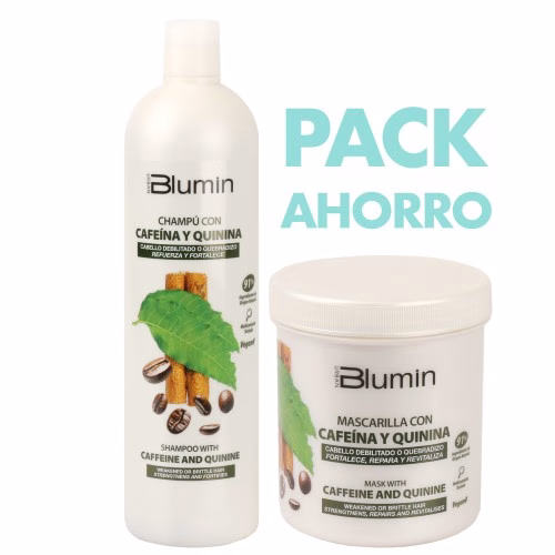 TAHE – BLUMIN PACK CAFEÍNA E QUININA SHAMPOO 1000ML + MÁSCARA 700ML Cabelo enfraquecido Pacote fortificante Blumin com cafeína e quinina Seu cabelo está perdendo força, volume ou vitalidade? O Blumin Caffeine and Quinine Fortifying Pack combina duas fórmulas complementares que atuam em sinergia para devolver todo o poder ao seu cabelo: um shampoo estimulante para ativar o couro cabeludo e uma máscara reparadora que fortalece a fibra capilar por dentro. Principais Benefícios: Adiciona densidade e corpo ao cabelo fino. Visivelmente reduz a queda devido à quebra. Repara a fibra capilar e melhora sua resistência. Fortalece a raiz e estimula o crescimento do cabelo. Sensação imediata de frescura, energia e limpeza. Ideal para uso frequente e couro cabeludo sensível. Para quem ele foi feito? Para quem percebe o cabelo mais fraco, quebradiço ou com queda sazonal. Perfeito se você busca uma rotina eficaz, suave e fácil de integrar no seu dia a dia, que ajude a recuperar cabelos fortes e saudáveis com volume natural.