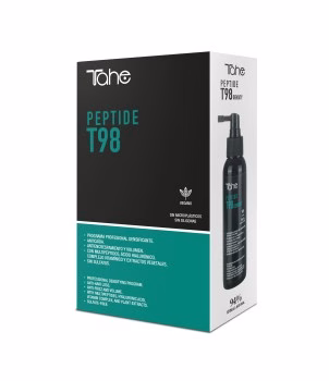 TAHE - PEPTIDE T98 PACK ANTI QUEDA SHAMPOO 300ML+DENSITY 125ML Com multipeptídeos Pacote que inclui os produtos Concentrate Peptide T98, um tratamento densificante anti-queda de cabelo, e Shampoo Peptide T98, um shampoo densificante anti-queda de cabelo. Peptide T98: Linha Anti-Queda baseada em coquetéis de peptídeos A perda de cabelo pode ser causada por vários fatores, como estresse, alterações hormonais, genética, condições de saúde subjacentes e outros fatores. Por esta razão, não existe um padrão único e 100% eficaz para todos os casos, mas está se abrindo todo um novo mundo para o tratamento da maioria dos tipos de alopecia, mais uma vez, graças à ciência e às várias aplicações de suas descobertas no mundo do cuidado pessoal. O Concentrado de Peptide T98 da Tahe, formulado com base em coquetéis de peptídeos, como Biotinoyl, Tripeptide-1, peptídeo de cobre e Colágeno, entre outros, em sinergia com ingredientes dermatológicos como Vitaminas, Ferro, Zinco e Ácido Fólico, faz do Concentrado de Peptide T98 uma fórmula única para tratar a perda de cabelo e promover a saúde e equilíbrio do couro cabeludo. Os peptídeos são moléculas formadas pela união de dois ou mais aminoácidos. Quando combinados em longas cadeias, formam proteínas, como a Queratina, a principal proteína do cabelo. Os mecanismos de ação dos peptídeos para o crescimento do cabelo incluem: Estimulação da produção de Colágeno e Elastina, o que fortalece os folículos capilares e promove o crescimento do cabelo. Melhoria da circulação folicular. Com a chegada de um maior número de nutrientes, promove o espessamento do cabelo. Fortalecimento do folículo capilar.