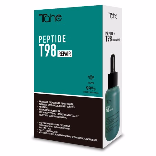 TAHE - PEPTIDE T98 REPAIR PACK PROGRAMA ANTI QUEDA CONCENTRADO 50ML + SHAMPOO REPAIR 300ML Com multipeptídeos Previne a queda, estimula o crescimento e repara o seu cabelo desde a raiz. Este pack combina o poder do Concentrado Antiqueda Peptide T98 e do Champô Repair Peptide T98 para oferecer um tratamento completo: combate a queda, ativa o crescimento e devolve densidade e vitalidade aos cabelos enfraquecidos ou danificados. Peptide T98: Linha Anti-Queda baseada em coquetéis de peptídeos A perda de cabelo pode ser causada por vários fatores, como estresse, alterações hormonais, genética, condições de saúde subjacentes e outros fatores. Por esta razão, não existe um padrão único e 100% eficaz para todos os casos, mas está se abrindo todo um novo mundo para o tratamento da maioria dos tipos de alopecia, mais uma vez, graças à ciência e às várias aplicações de suas descobertas no mundo do cuidado pessoal. O Concentrado de Peptide T98 da Tahe, formulado com base em coquetéis de peptídeos, como Biotinoyl, Tripeptide-1, peptídeo de cobre e Colágeno, entre outros, em sinergia com ingredientes dermatológicos como Vitaminas, Ferro, Zinco e Ácido Fólico, faz do Concentrado de Peptide T98 uma fórmula única para tratar a perda de cabelo e promover a saúde e equilíbrio do couro cabeludo. Os peptídeos são moléculas formadas pela união de dois ou mais aminoácidos. Quando combinados em longas cadeias, formam proteínas, como a Queratina, a principal proteína do cabelo. Os mecanismos de ação dos peptídeos para o crescimento do cabelo incluem: Estimulação da produção de Colágeno e Elastina, o que fortalece os folículos capilares e promove o crescimento do cabelo. Melhoria da circulação folicular. Com a chegada de um maior número de nutrientes, promove o espessamento do cabelo. Fortalecimento do folículo capilar.