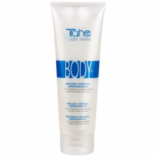TAHE - LASER SYSTEM EMULSÃO CORPORAL 250ML Super-hidratante Emulsão corporal super hidratante que re­tar­da o crescimento de pelo y debilita-o desde a raiz. Pos-depilação Calmante Retardadora do crescita do pelo. 