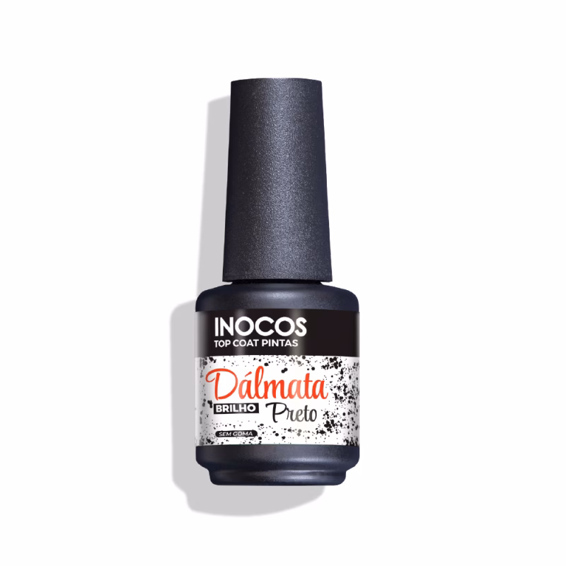 INOCOS- Top Coat INOCOS Dálmata Preto Brilho REF. 91.18.299 Top Coat Dálmata Preto Brilho Top Coat sem goma e de média viscosidade tem um acabamento com pintas perfeito. É ultra flexível, podendo ser complementado com bases de todas as viscosidades.