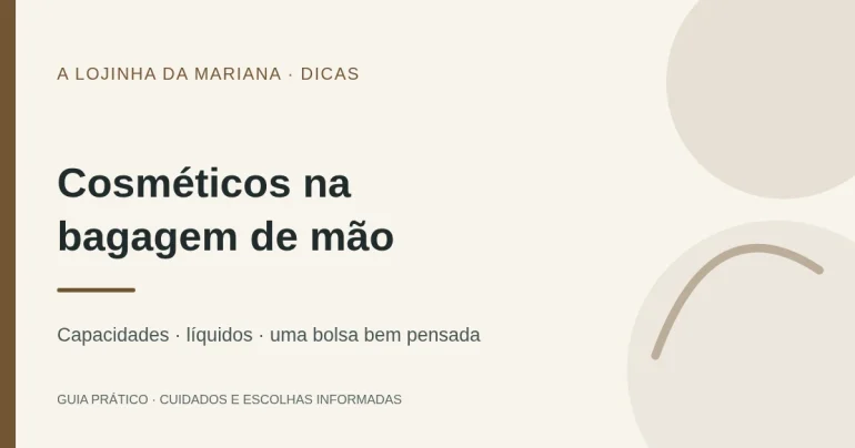 Capa editorial tipográfica: Cosméticos na bagagem de mão: como preparar a tua bolsa. Formas geométricas abstratas, sem produtos.