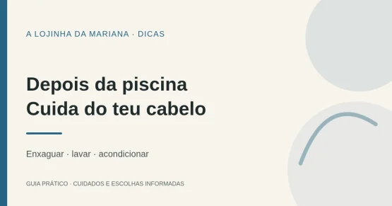 Capa editorial tipográfica: Como cuidar do cabelo depois da piscina. Formas geométricas abstratas, sem produtos.