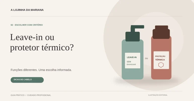 Ilustração editorial de dois frascos genéricos identificados como leave-in e proteção térmica.
